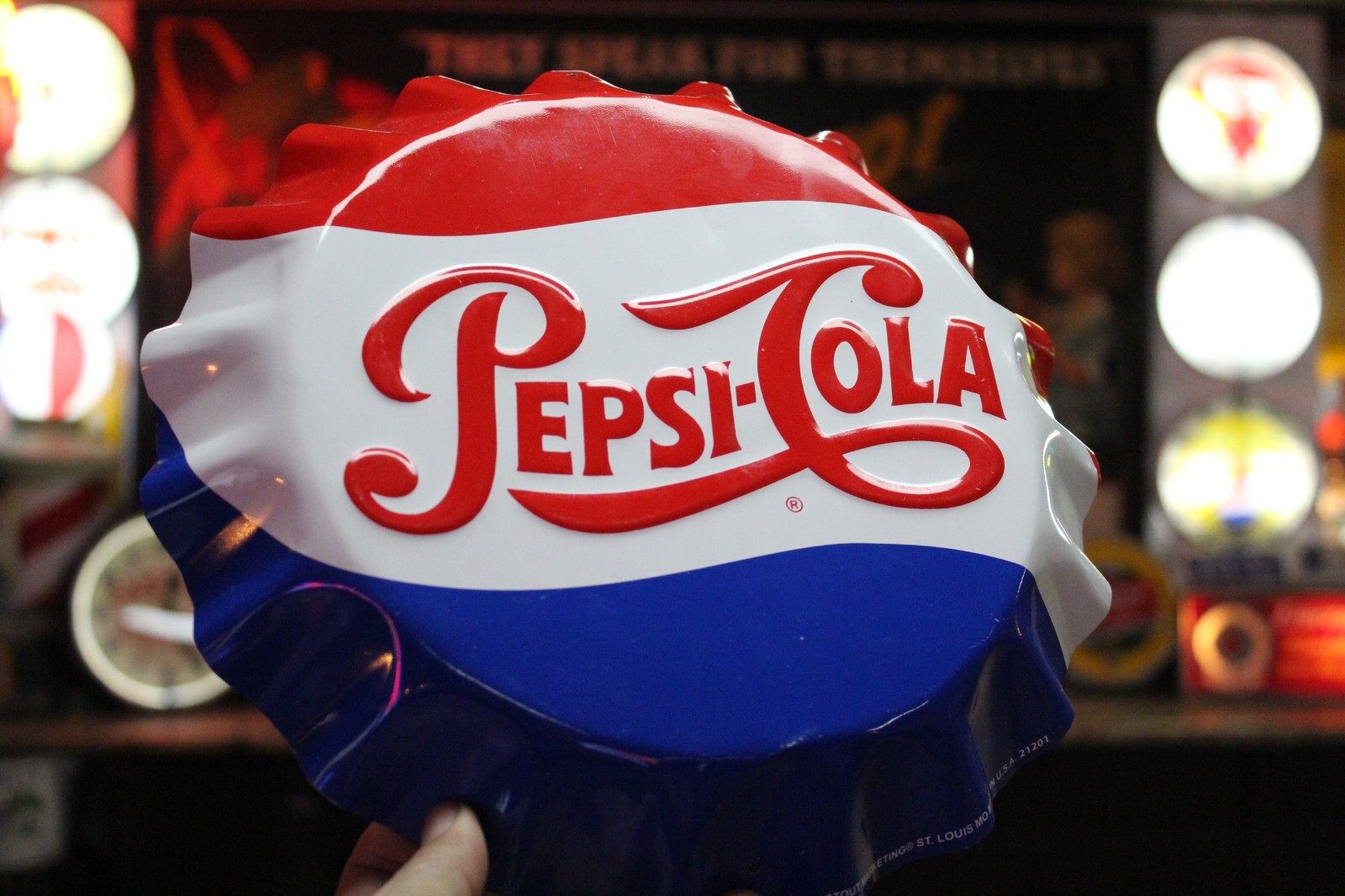 VINTAGE PEPSI EMBOSSED PAINTED METAL BOTTLE CAP SIGN CULVER'S COOLER