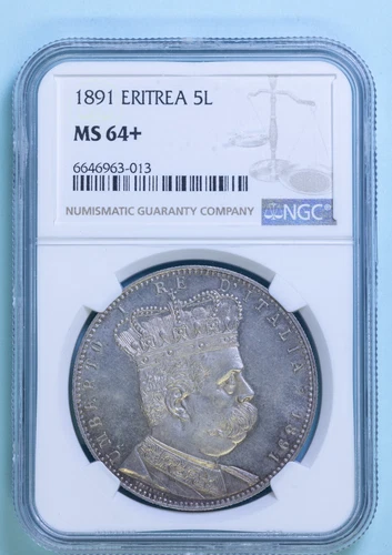 COLONY ERITREA UMBERTO I 5 LIRE 1891 RARE SILVER SILVER FDC SLAB MS64+ NGC