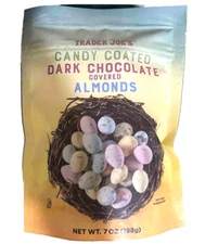 Trader Joe's 7 oz Candy Coated DARK CHOCOLATE Covered ALMONDS Easter Egg BB 2/26