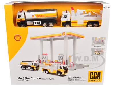 SHELL GAS STATION W/VOLVO OIL TANKER & TOW TRUCK DIORAMA PLAYSET