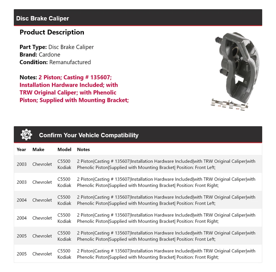 Суппорт дискового тормоза Cardone 2004 для Chevrolet C5500 Kodiak 2003-2005 годов выпуска - Изображение 2 из 4