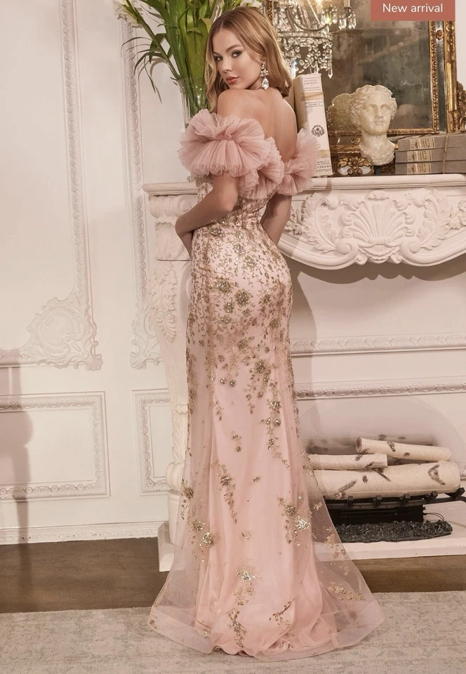 Vestido de graduación CINDERELLA DIVINO rosa oro brillo ajuste y acampanado hombros de tul 8 Foto 2 de 4