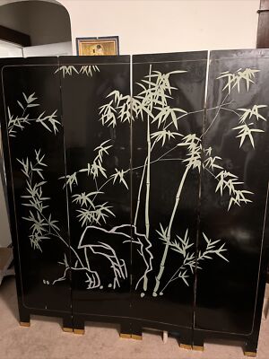 Vintage Asian Oriental Painted Four Panel Screen - Birds / Bamboo