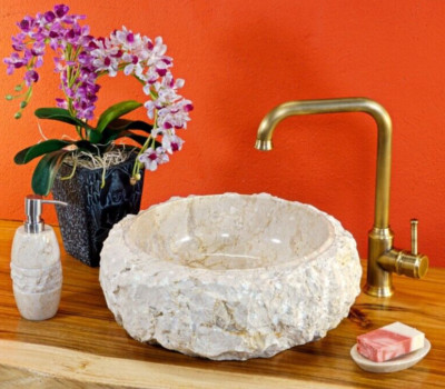 Natural Stone Countertop Washbasin Beige Marble Vessel Sink Stone Natural Round