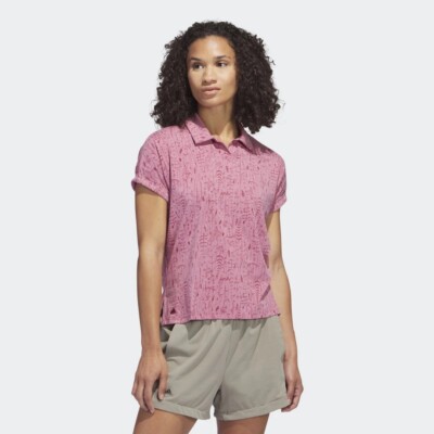 Size L- Adidas Women's Go-to Printed Golf Polo Shirt, Pink Strata.
