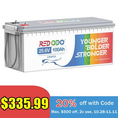 Redodo LiFePO4 24V 100Ah Deep Cycle Lithium Battery for RV Off  
