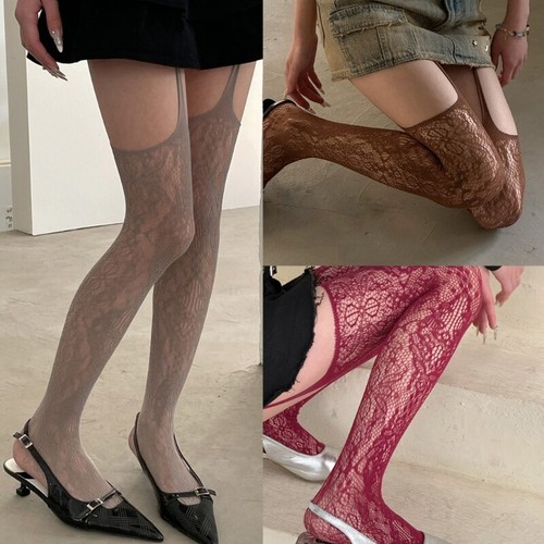 Women Sheer Suspender Tights Flower Patterned Fishnet Garter Stockings Pantyhose - Picture 3 of 16