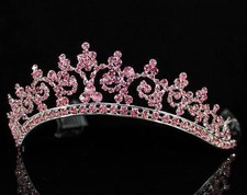 AB89207 PINK AUSTRIAN RHINESTONE CRYSTAL CROWN TIARA HAIR COMBS BRIDAL WEDDING
