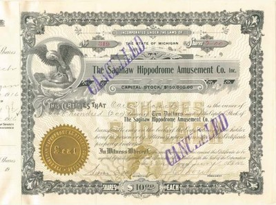 Saginaw Hippodrome Amusement Co. Inc. - Stock Certificate - Entertainment Stoc