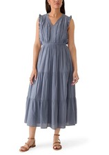 Lucky Brand Tiered Cotton Blue Gray Midi Dress Women's Size Medium "Grisaille"