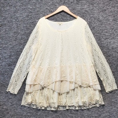 Indigo Soul Tunic Blouse Womens XL Cream Tiered Lace Layered Coquette Boho Chic