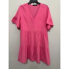 Fancyinn Womens Pink Tiered Babydoll Mini Dress V-Neck Ruffle Bell Sleeve L