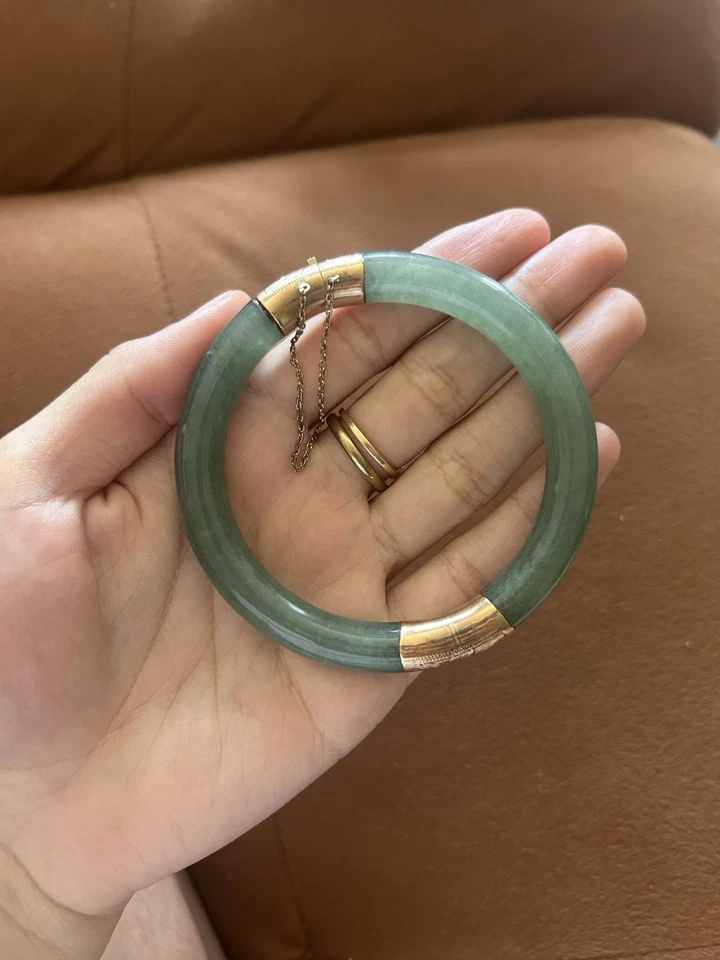 Brazalete Brazalete Vintage Oro Amarillo 14K Nefrita Jade Cierre Buena Fortuna Foto 2 de 4