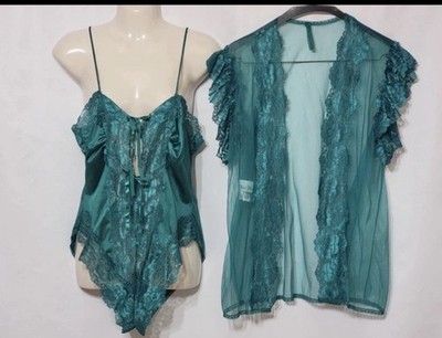 Vintage Alana Gale Jewel Tone Green Lace Teddy Bodysuit Robe Set Lingerie LG
