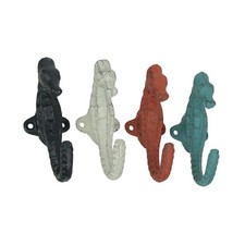 Set of 4 Colorful Coral Coastal Cast Iron Seahorse Decorative Wall Hooks