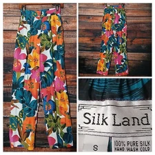 Silkland Pants Size S 100% Silk Tropical Floral Pleat Front High Rise Pockets 