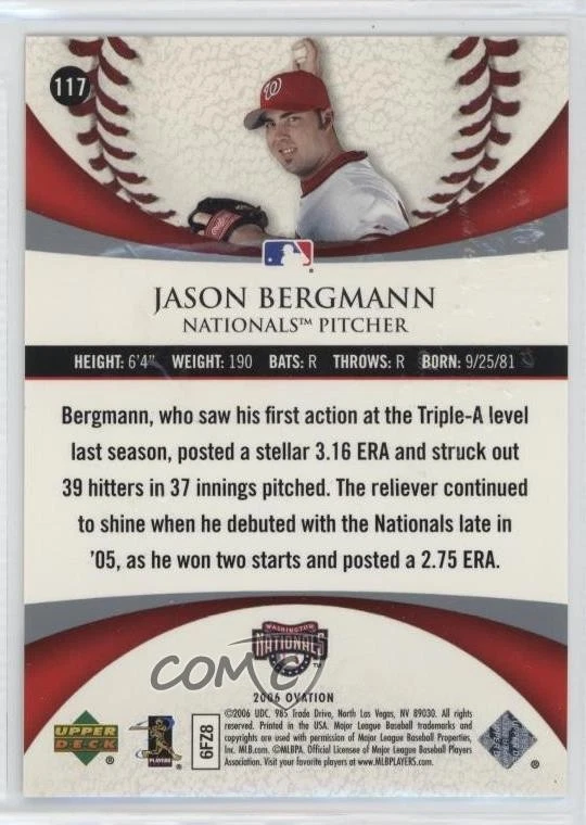 2006 Upper Deck Ovation Ovation Rookies /999 Jason Bergmann #117 Rookie RC - Image 2 of 2