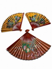 Lot of 3 VTG Chinese Hand Painted Folding Wall Fans 22" Two 16" Gold Floral