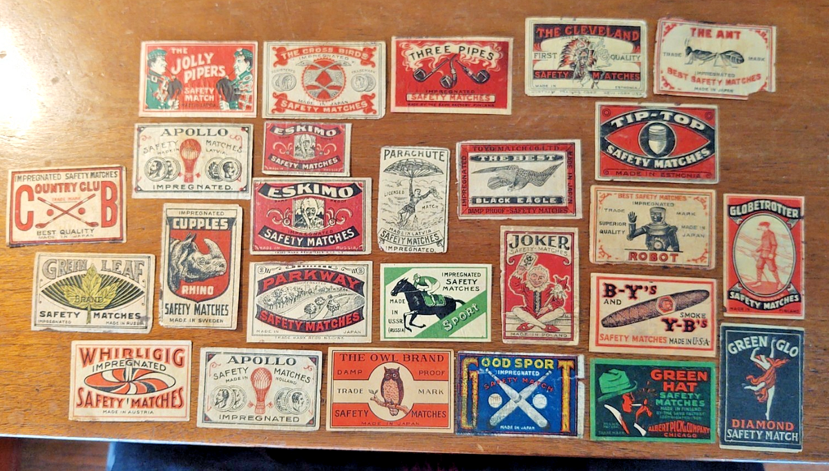 Nice selection Antique Matchbox labels Rhino Robot Parachute Owl