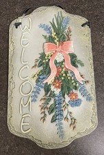 Welcome Sign Wall Hanging TCR Resin Porch Decor Pink Ribbon Floral Cottagecore