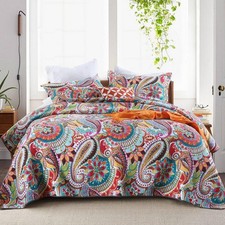 Qucover Cotton Twin Quilts Sets, 2 Piece Multicolor Paisley Pattern Red, Orange,