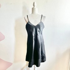 Vintage Erika Taylor Intimates Black Satin Nightgown Large Floral Slip Dress 90s