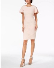 Calvin Klein Flutter Sleeve Lined Sheath Dress Ruffle V-Back Blush Size 4 NWOT