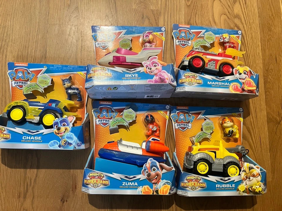 Lote Paw Patrol Mighty Pups Super Paws Vehículo de Lujo Persecución Cielo Escombros Marshall Zuma Foto 2 de 4