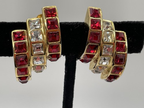 1.5” Ben-Amun Statement Red Crystal Baguettes EARRINGS Gold Tone Vintage Clips