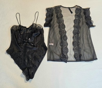 Vtg Alana Gale Intimates Lingerie Set Womens Medium Black Lace Teddy Sexy Goth