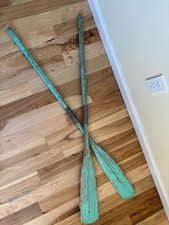 Pair Of Vintage Wooden Nautical Canoe Paddles, Oars With Sea Foam Green Paint