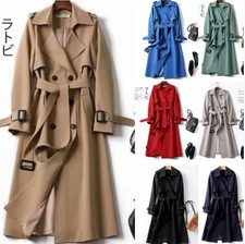 Women's Double Breasted Long Trench Coat Windproof Classic Lapel Belted Overcoat