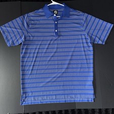 Men s Large FootJoy Blue White Black Striped Golf Polo Shirt Logo Short Sleeve