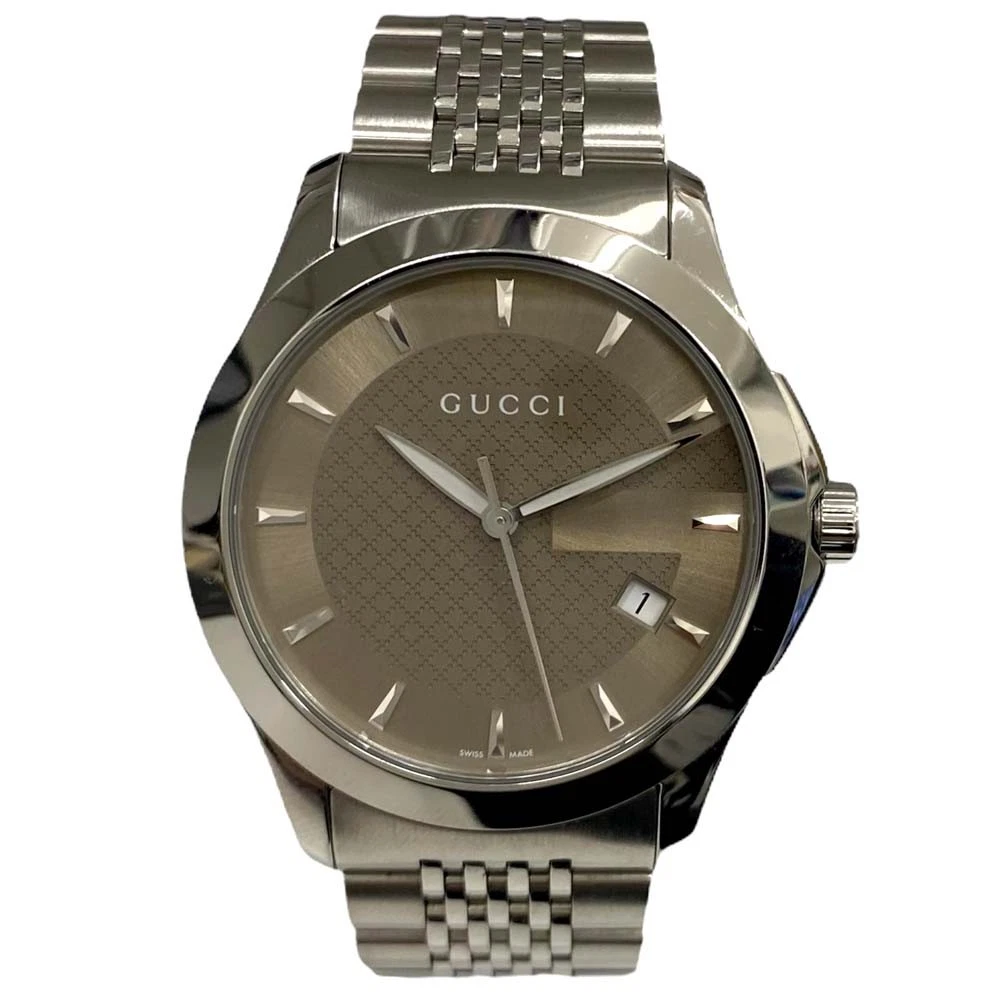 MONTRE GUCCI 126,4 G INTEMPORELLE DIAMANT QUARTZ CADRAN MARRON SS ACIER INOXYDABLE HOMME