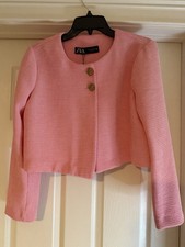 NWT Zara Pink w/Gold Buttons Tweed Textured Cropped Cardigan Jacket Size Medium