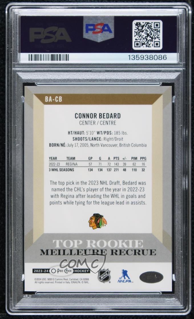 2023-24 O-Pee-Chee Bounty Top Rookie Award Connor Bedard #BA-CB PSA 9 MINT RC view 2