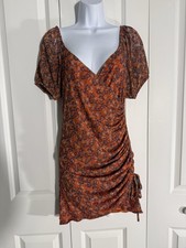 Free People Floral Ruched Mini Dress Small Puff Sleeve Orange Boho