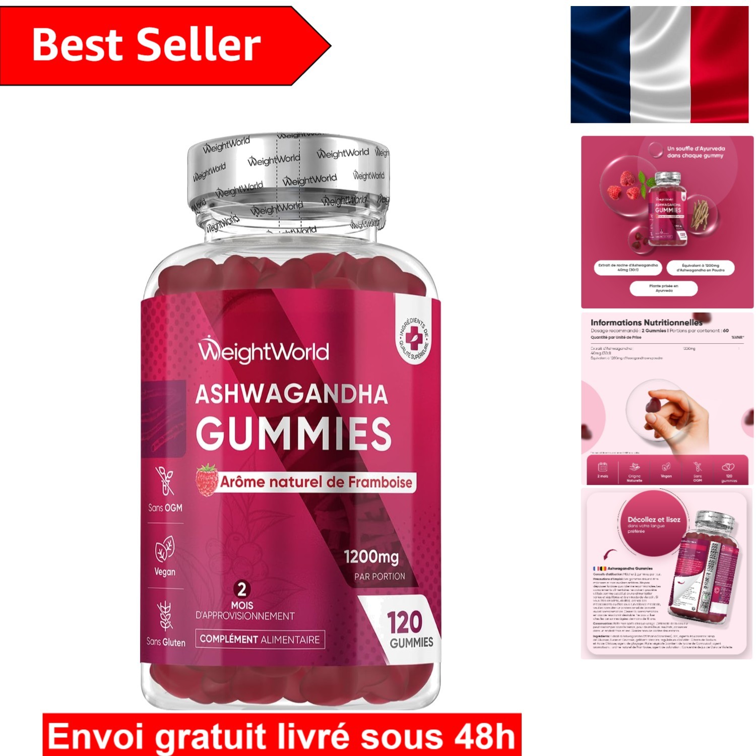 Gommes d'Ashwagandha aromatisées à la framboise pour votre rituel détente du soir 1200mg