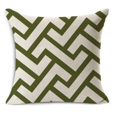 Raw Linen Beige Green Geometric Design Pillow Cushion Cover 17 x17 