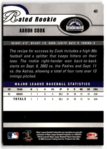 2003 Donruss Rated Rookie Aaron Cook #41 Colorado Rockies - Picture 2 of 2