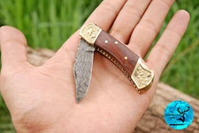 DAMASCUS STEEL FOLDING BLADE POCKET KNIFE / HAND MADE W/ WOOD HANDLE 1252