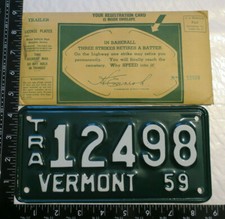 1959 59 VERMONT VT TRAILER TRL LICENSE PLATE TAG - MINT NOS ENVELOPE - #12498