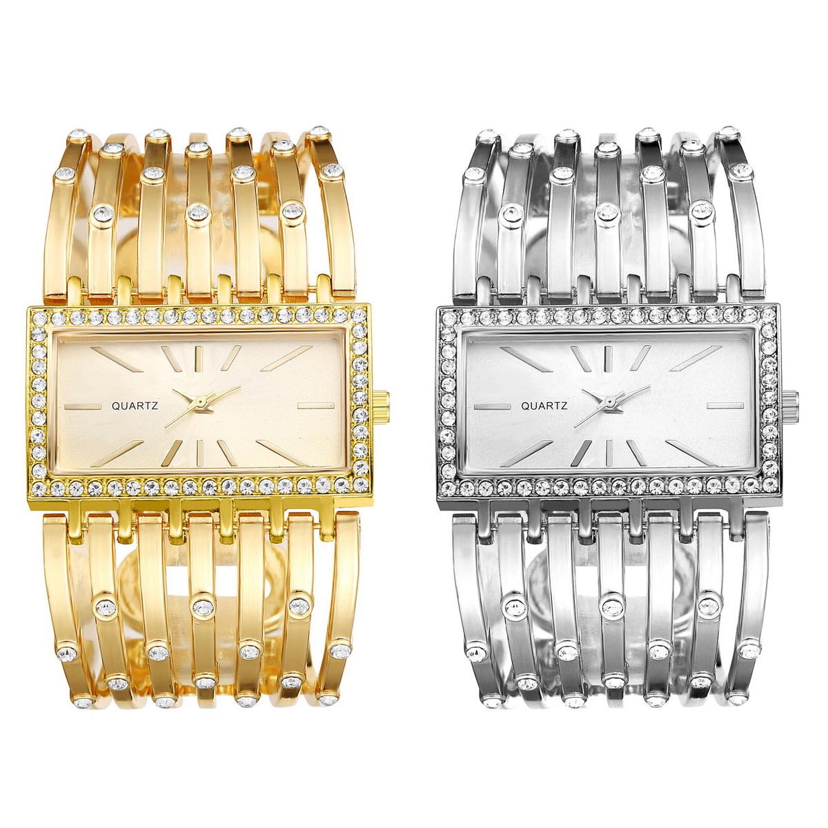 Women's Square Bangle Cuff Watch Rhinestone Wide Analog