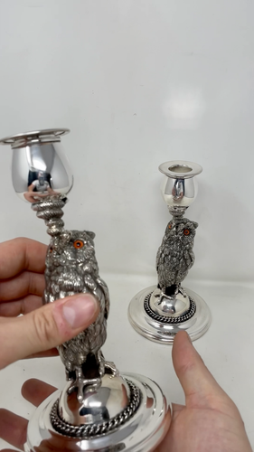 Roberts and Belk Silver Plate Owl Candlesticks with Glass Eyes - Video 1 of 1