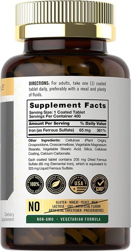 Iron 65 mg Ferrous Sulfate | 400 Tablets | Vegetarian, Non-GMO | by Carlyle - Picture 2 of 7