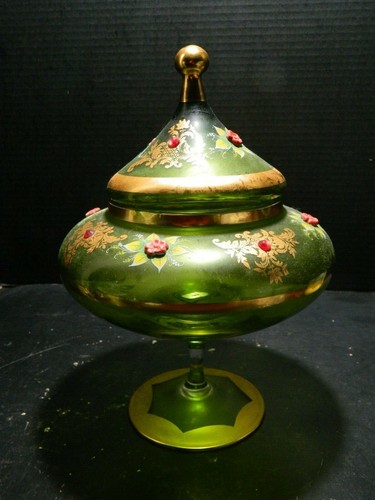 Vintage Murano Empoli Green Embellished Art Glass Pedestal Covered Jar VG-Excel - Picture 3 of 12
