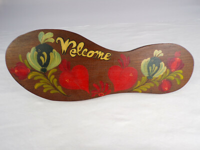 Vintage Folk Art Welcome Plaque Hand Paint Crafted Wood 12'' x 4.5'' Red Green b23