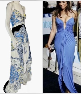 ROBERTO CAVALLI Sculpted Bustier Silk Gown S/S 2008 Sz 46 Baroque Blue Floral