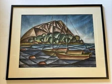 ANTIQUE MODERNIST PAINTING EXHIBITED IN SAN FRANCISCO 1930'S CUBISM WPA COASTAL