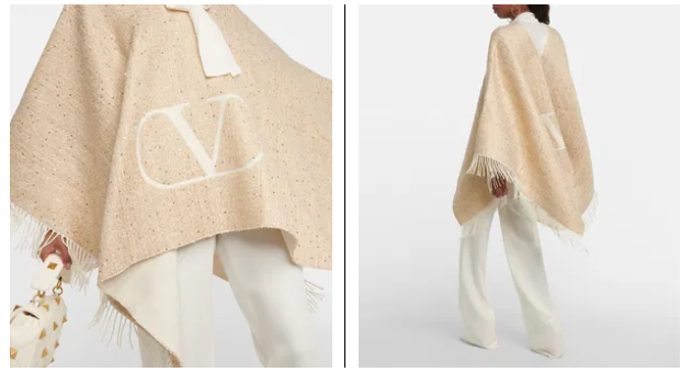 【VALENTINO】crystal-embellished fringed wool-blend poncho Valentino Garavani Fringed Embroidered Wool Poncho - Brown